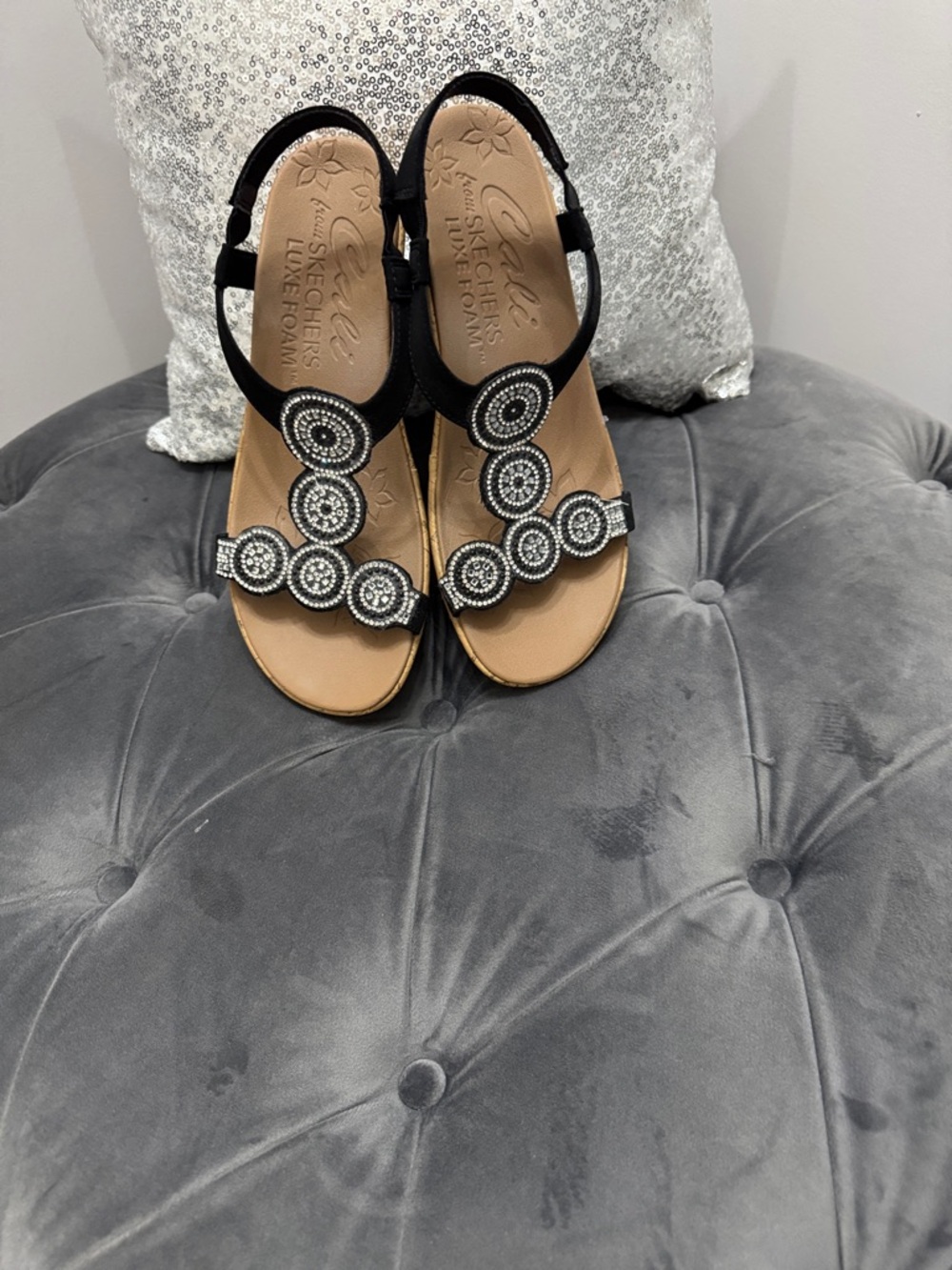 Skechers Black Beaded Circle T-Strap Sandals